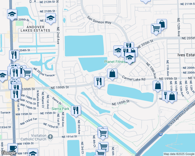 map of restaurants, bars, coffee shops, grocery stores, and more near 491 Ives Dairy Road in North Miami Beach