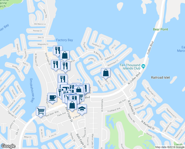 map of restaurants, bars, coffee shops, grocery stores, and more near 1111 Martinique Court in Marco Island