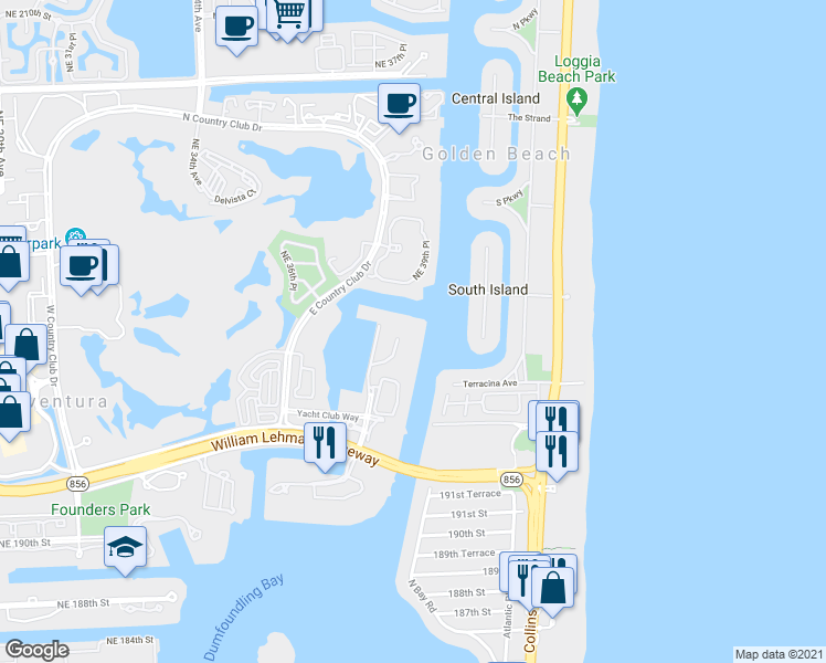 map of restaurants, bars, coffee shops, grocery stores, and more near 19707 Turnberry Way in Aventura