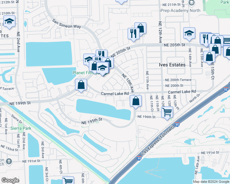 map of restaurants, bars, coffee shops, grocery stores, and more near 29 Carmel Lake Road in Miami