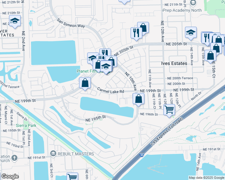 map of restaurants, bars, coffee shops, grocery stores, and more near 801 Northeast 199th Street in North Miami Beach