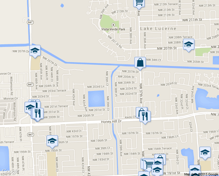 map of restaurants, bars, coffee shops, grocery stores, and more near 20333 Northwest 39th Court in Miami Gardens
