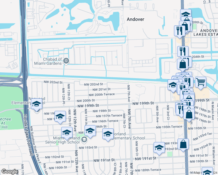 map of restaurants, bars, coffee shops, grocery stores, and more near 855 Northwest 201st Street in Miami