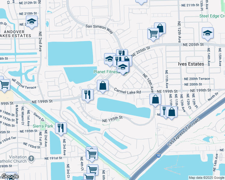 map of restaurants, bars, coffee shops, grocery stores, and more near 549 Northeast 199th Lane in Miami