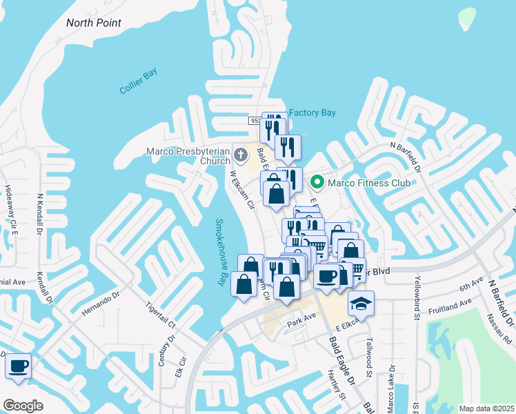 map of restaurants, bars, coffee shops, grocery stores, and more near 825 West Elkcam Circle in Marco Island