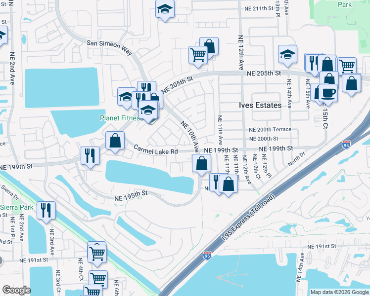 map of restaurants, bars, coffee shops, grocery stores, and more near 29 Carmel Lake Road in Miami