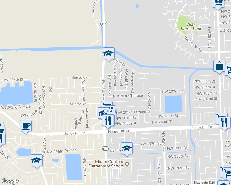 map of restaurants, bars, coffee shops, grocery stores, and more near 4502 Northwest 204th Street in Opa-locka