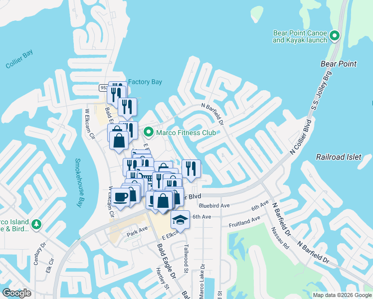 map of restaurants, bars, coffee shops, grocery stores, and more near 851 Rose Court in Marco Island