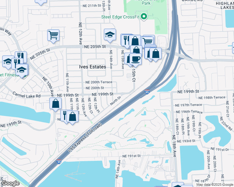 map of restaurants, bars, coffee shops, grocery stores, and more near 1415 Northeast 199th Street in Miami