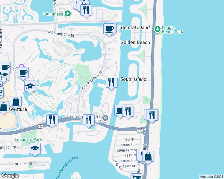 map of restaurants, bars, coffee shops, grocery stores, and more near 19707 Turnberry Way in Aventura