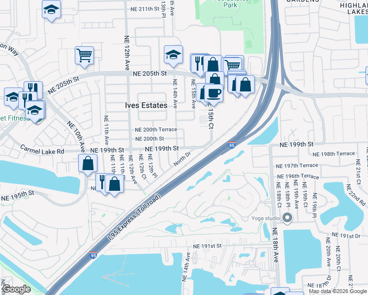 map of restaurants, bars, coffee shops, grocery stores, and more near 1415 Northeast 199th Street in Miami