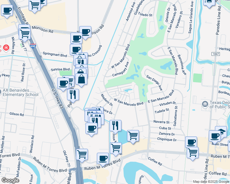 map of restaurants, bars, coffee shops, grocery stores, and more near 2100 West San Marcelo Boulevard in Brownsville