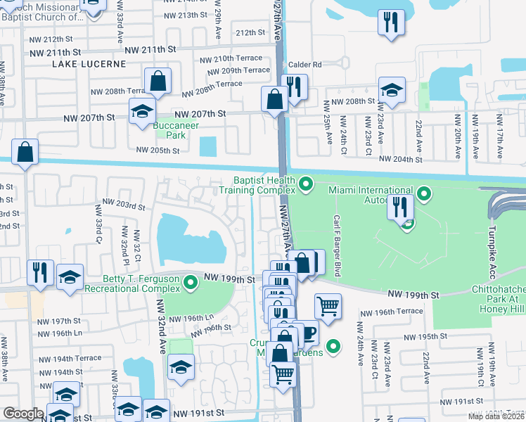 map of restaurants, bars, coffee shops, grocery stores, and more near 20244 Northwest 27th Court in Miami Gardens