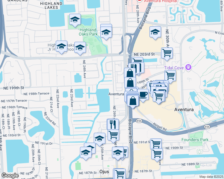 map of restaurants, bars, coffee shops, grocery stores, and more near 19825 West Dixie Highway in Miami