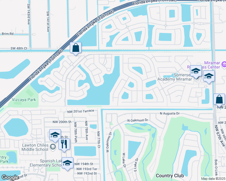 map of restaurants, bars, coffee shops, grocery stores, and more near 5348 Southwest 134th Avenue in Miramar