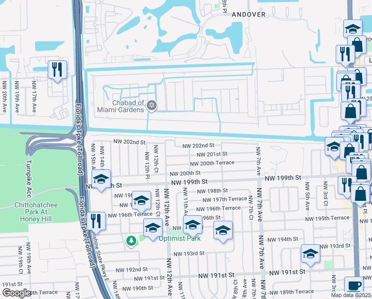 map of restaurants, bars, coffee shops, grocery stores, and more near 1000 Northwest 202nd Street in Miami