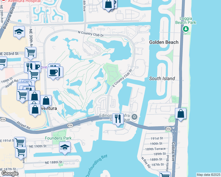 map of restaurants, bars, coffee shops, grocery stores, and more near 19566 East Country Club Drive in Miami