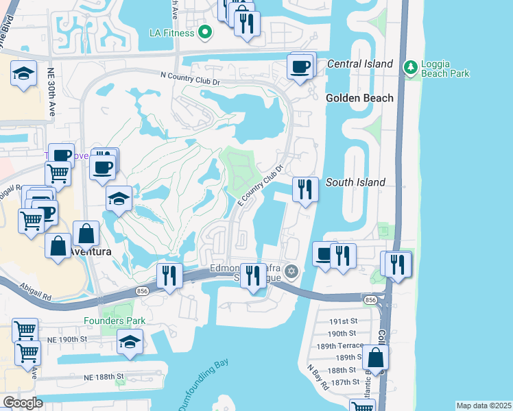 map of restaurants, bars, coffee shops, grocery stores, and more near 19777 East Country Club Drive in Miami