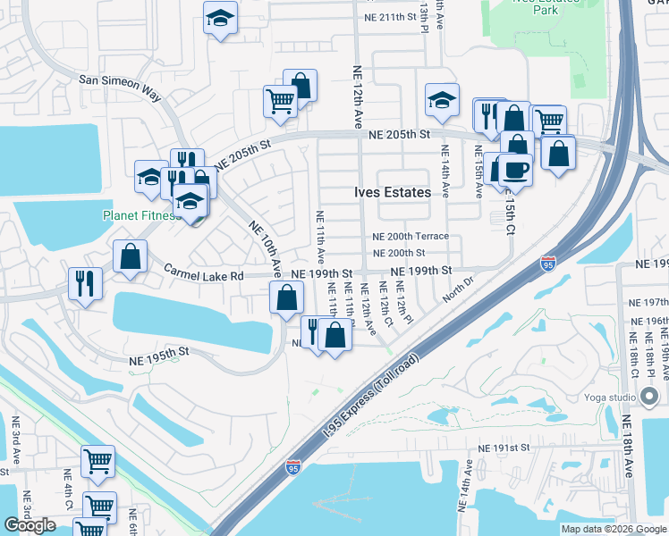 map of restaurants, bars, coffee shops, grocery stores, and more near 1121 Northeast 199th Street in North Miami Beach