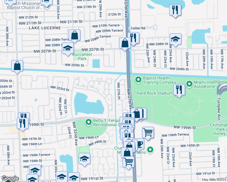 map of restaurants, bars, coffee shops, grocery stores, and more near 2872 Northwest 204th Street in Miami Gardens