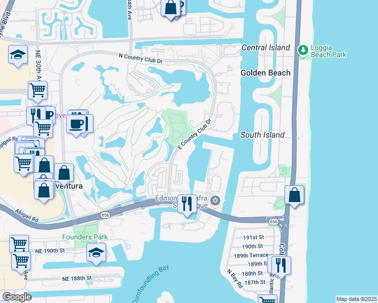map of restaurants, bars, coffee shops, grocery stores, and more near 19777 East Country Club Drive in Miami