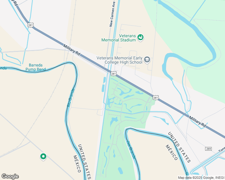 map of restaurants, bars, coffee shops, grocery stores, and more near 35 Arkansas River Circle in Brownsville
