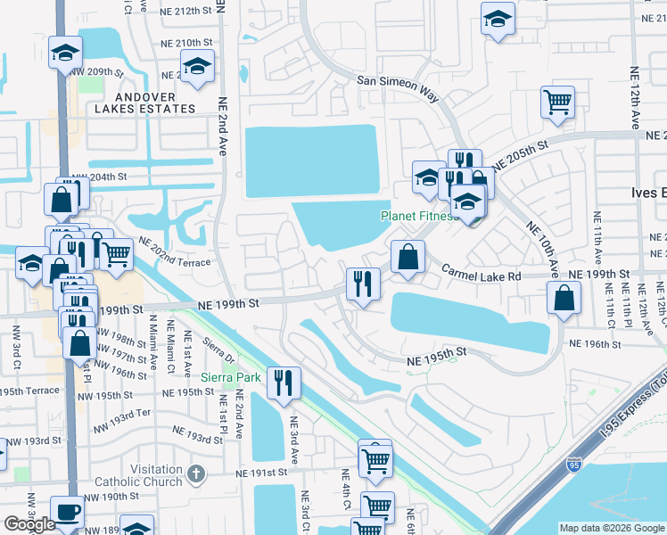 map of restaurants, bars, coffee shops, grocery stores, and more near 451 Northeast 199th Street in Miami