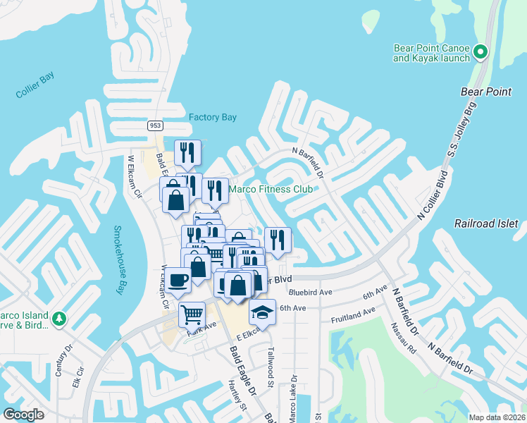 map of restaurants, bars, coffee shops, grocery stores, and more near 851 Rose Court in Marco Island