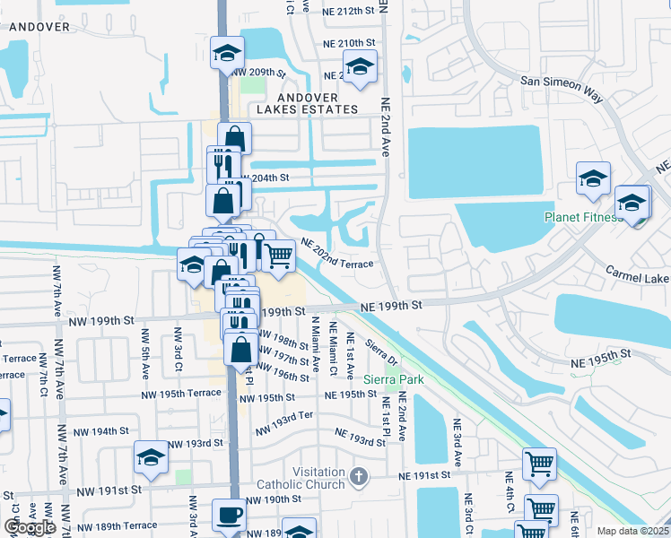 map of restaurants, bars, coffee shops, grocery stores, and more near 75 Northeast 202nd Terrace in Miami