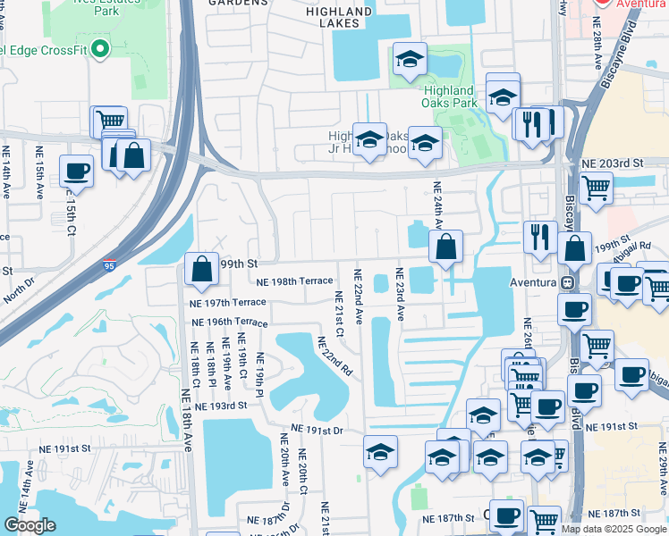 map of restaurants, bars, coffee shops, grocery stores, and more near 2130 Northeast 199th Street in North Miami Beach
