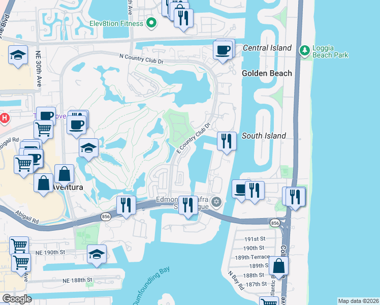 map of restaurants, bars, coffee shops, grocery stores, and more near 19777 East Country Club Drive in Miami