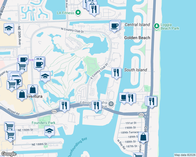 map of restaurants, bars, coffee shops, grocery stores, and more near 19777 East Country Club Drive in Miami