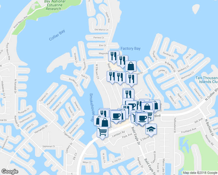 map of restaurants, bars, coffee shops, grocery stores, and more near 830 Bald Eagle Drive in Marco Island