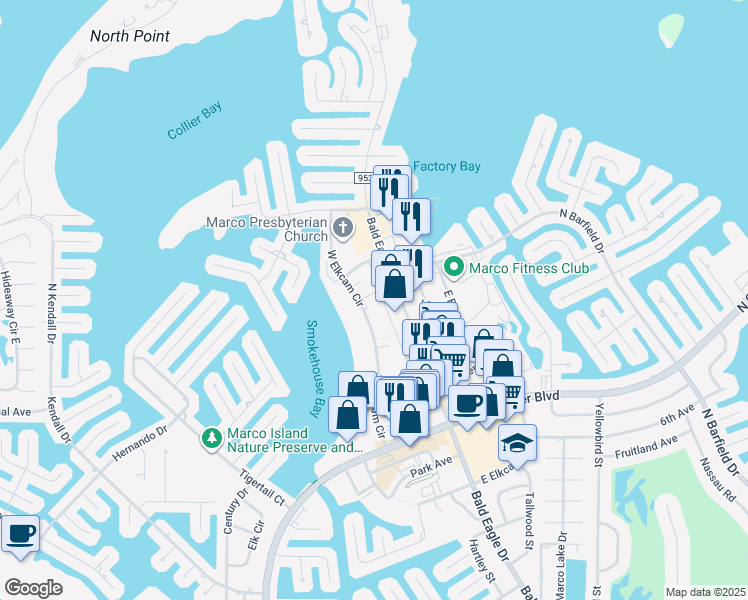 map of restaurants, bars, coffee shops, grocery stores, and more near 830 Bald Eagle Drive in Marco Island