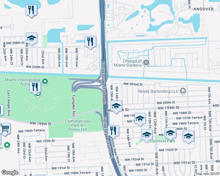 map of restaurants, bars, coffee shops, grocery stores, and more near 20150 Northwest 15th Avenue in Miami