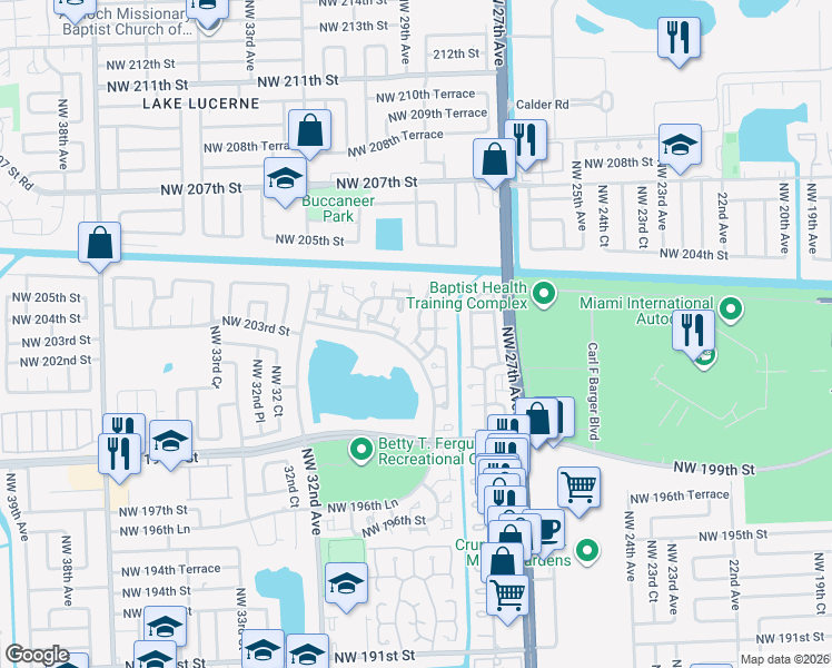 map of restaurants, bars, coffee shops, grocery stores, and more near 20360 Northwest 29th Place in Miami Gardens