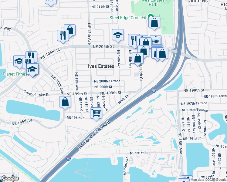map of restaurants, bars, coffee shops, grocery stores, and more near 1345 Carmel Lake Road in Miami