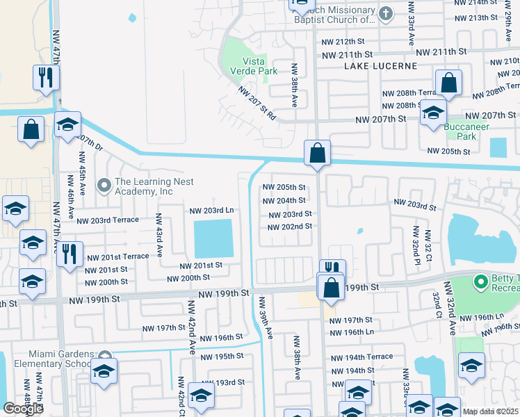 map of restaurants, bars, coffee shops, grocery stores, and more near 20333 Northwest 39th Court in Miami Gardens