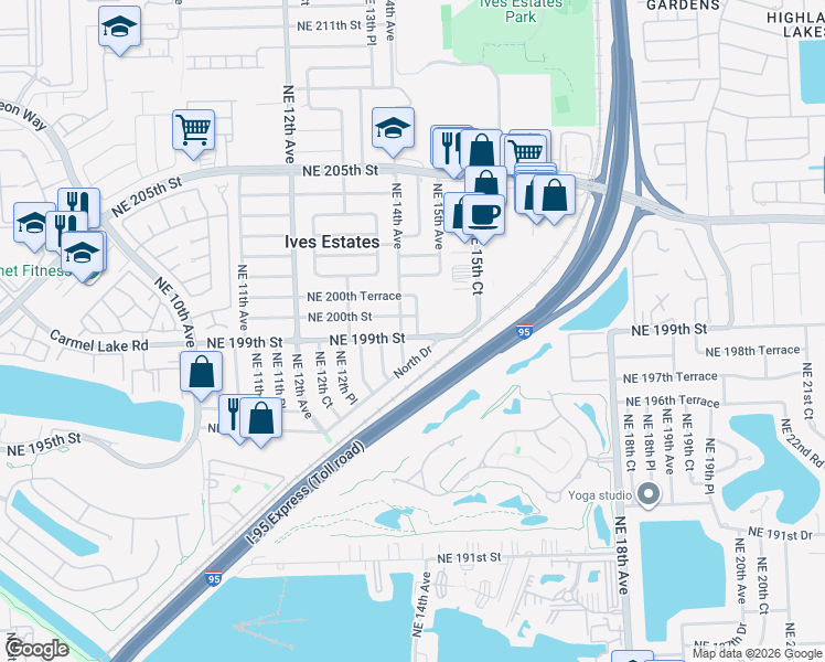 map of restaurants, bars, coffee shops, grocery stores, and more near 1415 NE 199th St in Miami