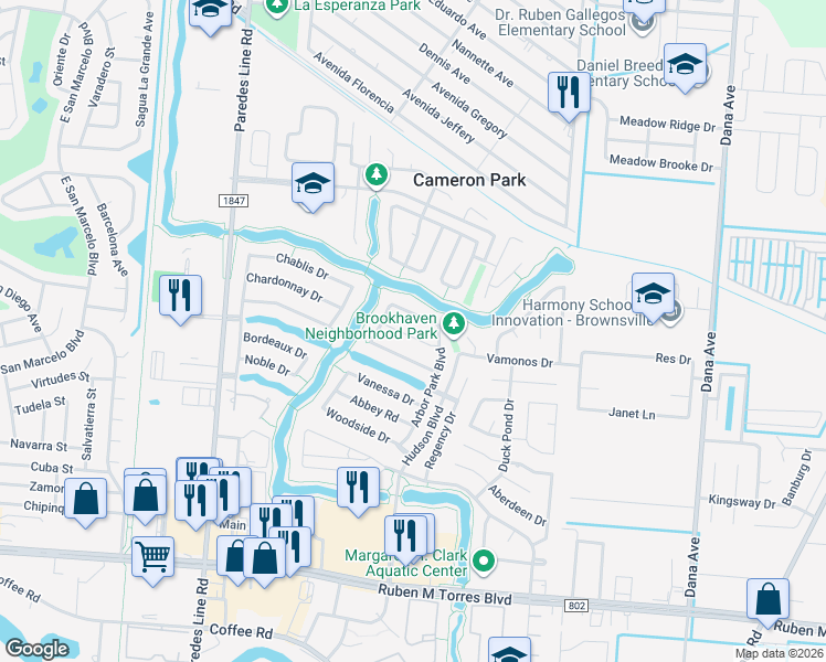 map of restaurants, bars, coffee shops, grocery stores, and more near 3260 Hubert Drive in Brownsville