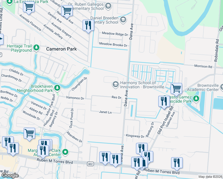 map of restaurants, bars, coffee shops, grocery stores, and more near 3451 Dana Avenue in Brownsville