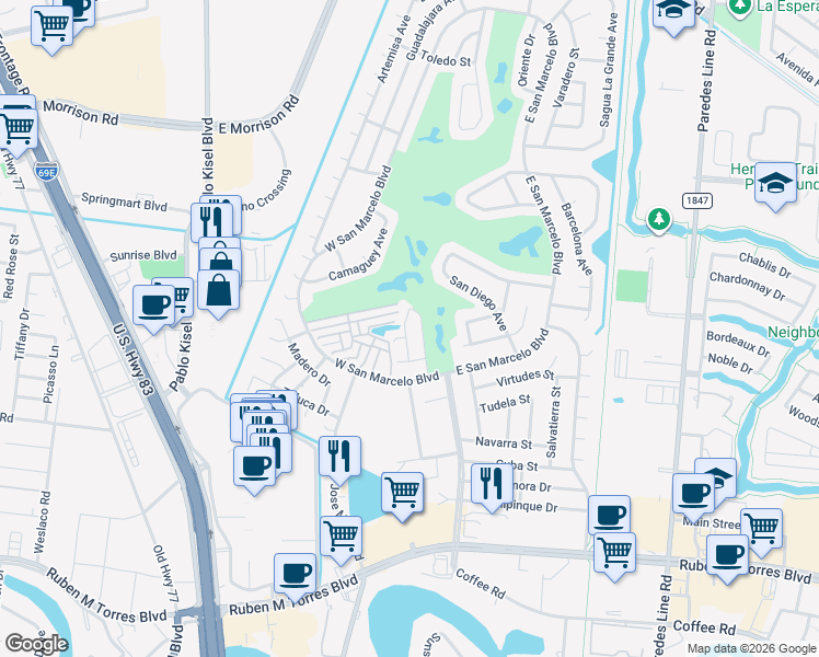 map of restaurants, bars, coffee shops, grocery stores, and more near 155 Vista Del Golf in Brownsville