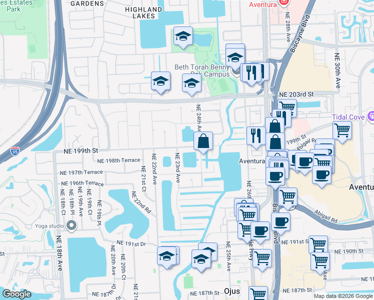 map of restaurants, bars, coffee shops, grocery stores, and more near 2380 Northeast 199th Street in Miami