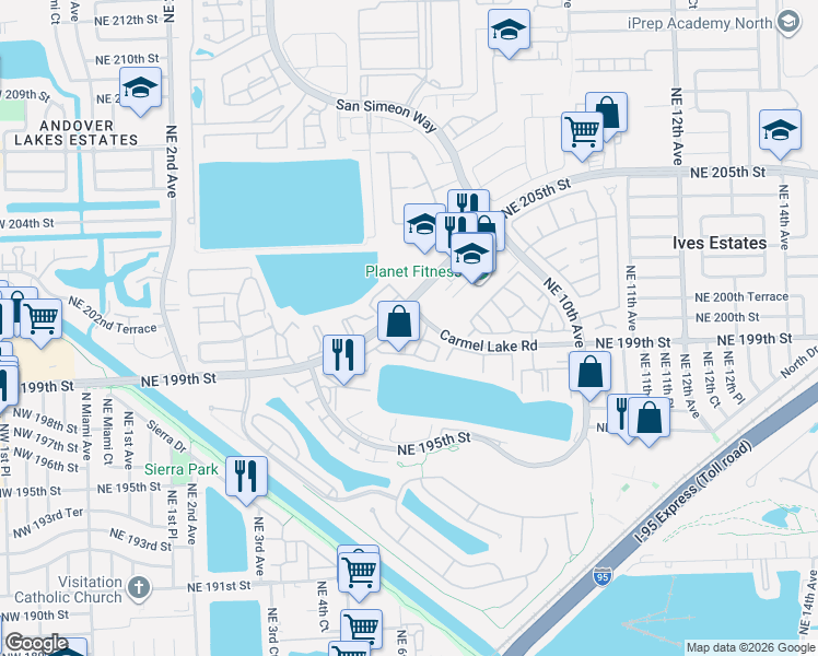 map of restaurants, bars, coffee shops, grocery stores, and more near 549 Northeast 199th Lane in Miami