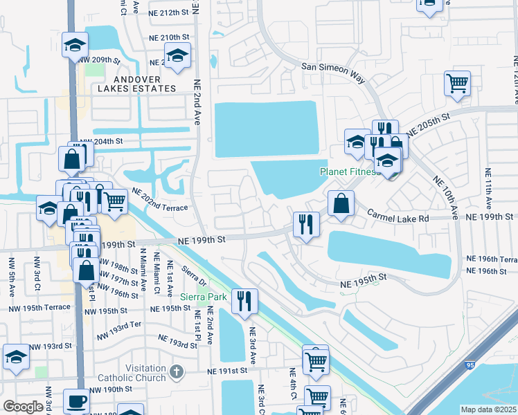map of restaurants, bars, coffee shops, grocery stores, and more near 335 Ives Dairy Road in North Miami Beach