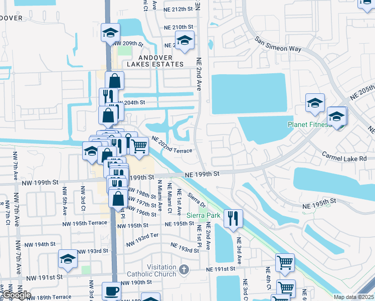 map of restaurants, bars, coffee shops, grocery stores, and more near 28 Northeast 202nd Terrace in Miami Gardens