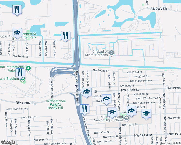 map of restaurants, bars, coffee shops, grocery stores, and more near 20140 Northwest 14th Place in Miami