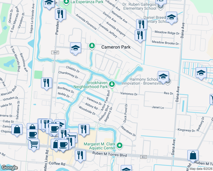 map of restaurants, bars, coffee shops, grocery stores, and more near 3080 Arbor Park Boulevard in Brownsville