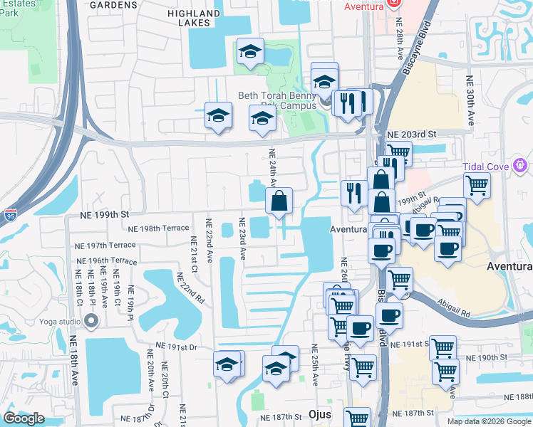 map of restaurants, bars, coffee shops, grocery stores, and more near 2380 Northeast 199th Street in Miami