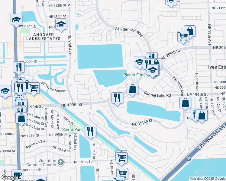 map of restaurants, bars, coffee shops, grocery stores, and more near 491 Ives Dairy Road in North Miami Beach